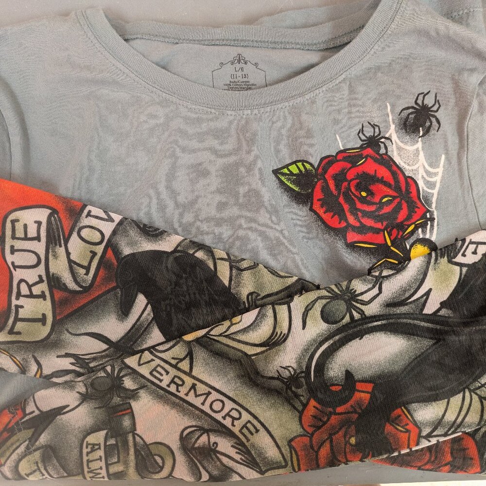 The Raven Nevermore Poe Inspired Skull Tattoo Sleeve Tee Junior Size Large